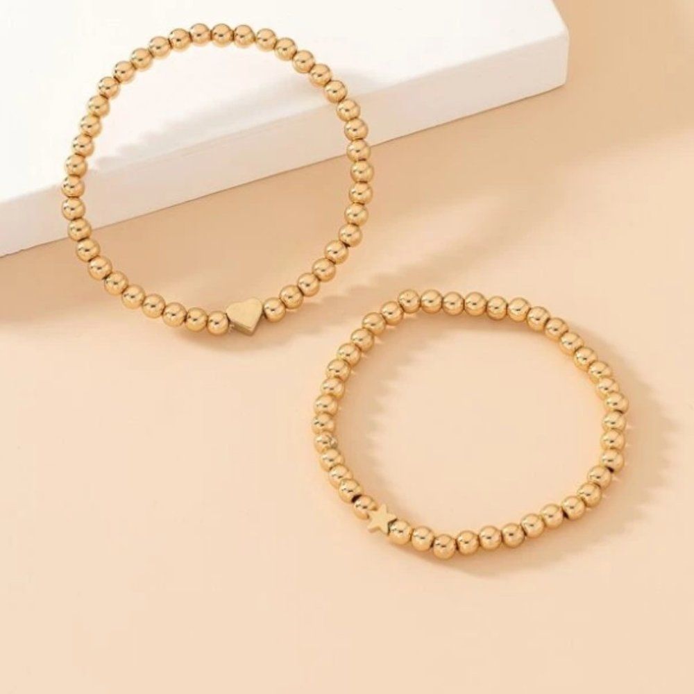 7/$35 Set Of 2 Gold Bead Stretchy Bracelets Heart and Star Bracelets - Picture 3 of 5